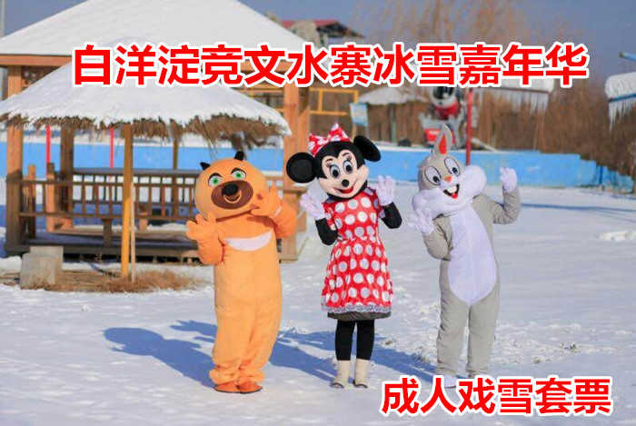 仅89元！享原价99元的【任丘市】白洋淀竞文水寨冰雪嘉年华成人戏雪套票，包含：门票（自由滑雪+堆雪人+打雪仗+冰瀑滑雪板+雪雕+冰雕欣赏等）午餐+拖床往返+单/双人滑冰车+卡通冰车/推车+冰上自行车